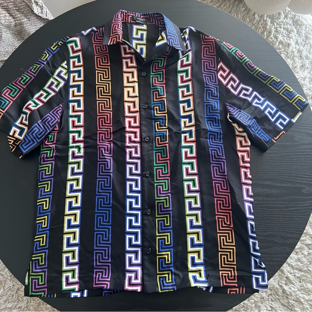 Versace Black Multicolor Greek Key Short Sleeve Dress Shirt